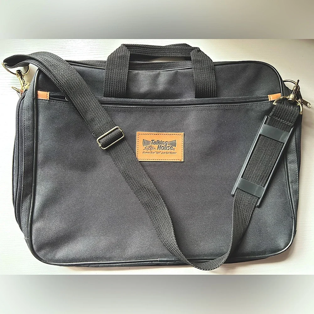 EUC black messenger tote adjustable shoulder strap handles gold hardware